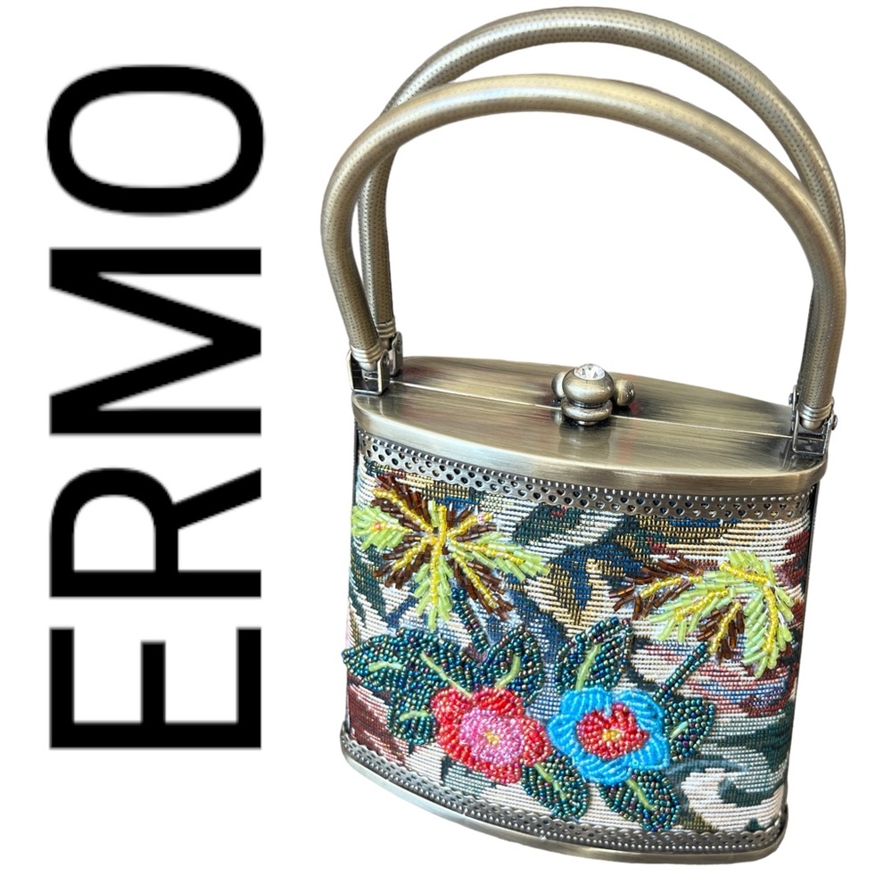 ERMO Beaded Mini Bag Box Purse Brass Metal Frame Tapestry Beaded Floral Pastel